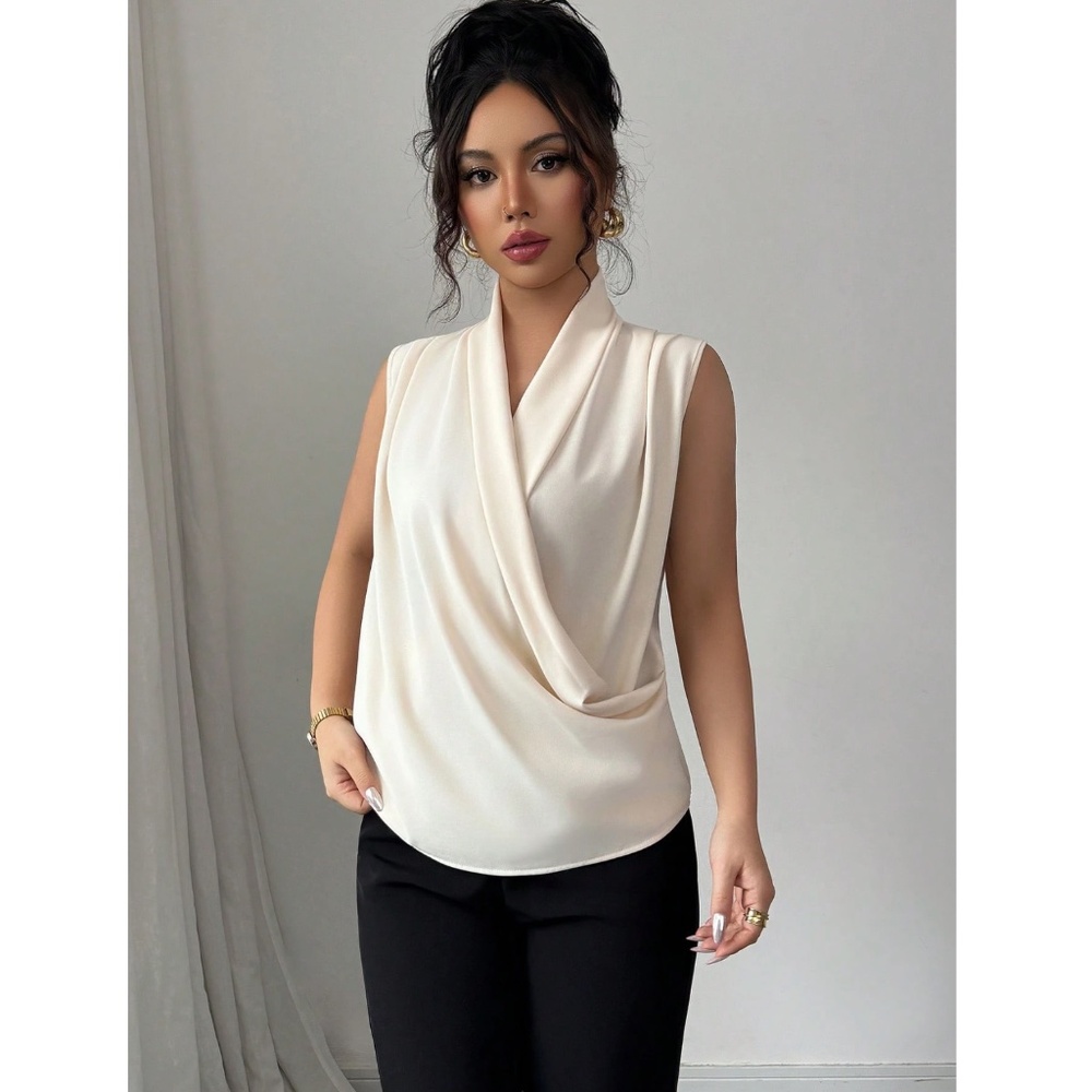 Draped Sleeveless Surplice V-Neck Blouse Top Beige - Picture 4 of 7